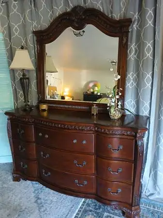 Beautiful solid wood , cherry , high top triple dresser & mirror