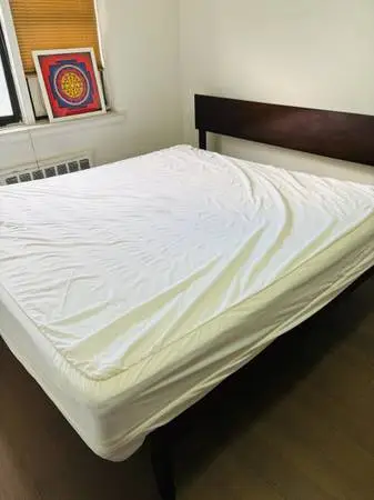 Like-New Mattress, Protective Cover & Hardwood Bed Frame