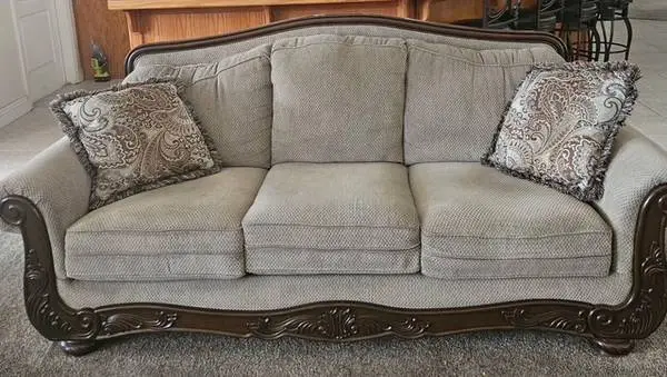 Dark Walnut-Beige Sofa, Love Seat, Big Chair