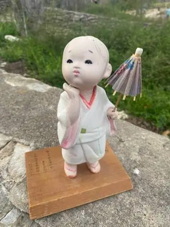 Japanese Hakata Doll Boy 8.5” Ceramic Statue w/ stand and umbrella