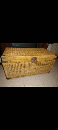 Vintage Chinoiserie Handwoven Wicker Trunk With Brass Hardware