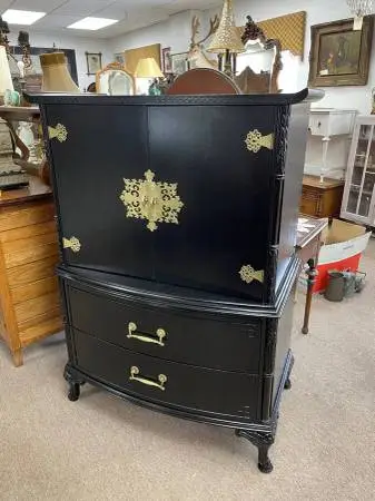 Antique Solid Mahogany Oriental Chest Of Drawers, Black Satin Lacquer