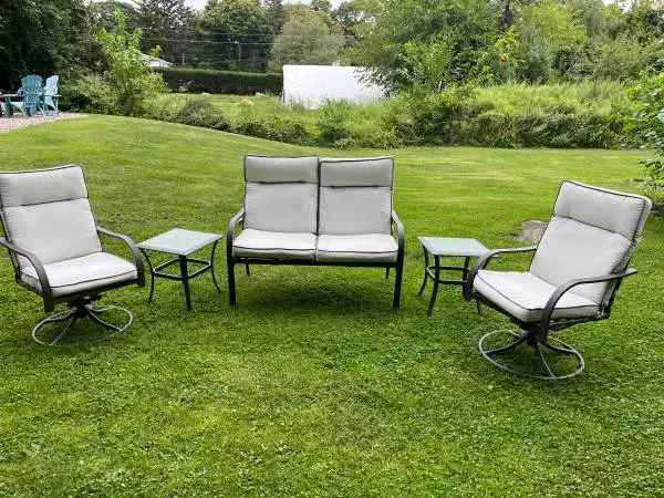Outdoor Furniture Bench, 2 Swivel Chairs, 2 end Table w/ cushionsi