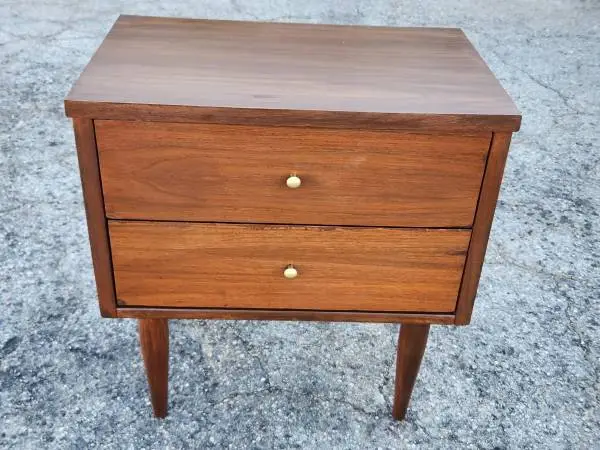 vintage walnut night stand, 2 drawer, pin legs By Harmony House