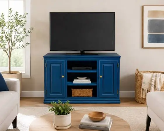 Entertainment center with 6 pull outs and 2 adjustable height shelves. On wheels
