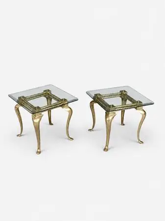Pair of Hollywood Regency Sculptural Brass & Glass Side Tables, c.1970