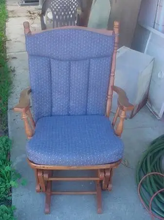 glider rocker blue upholstery made by DUTAILIER