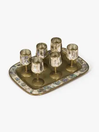 Vintage Mexican Modernist Abalone & Brass Cordial Shot Set, c.1950’s
