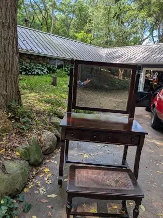 Antique Dresser or Makeup Stand with Beveled Mirror and Bench