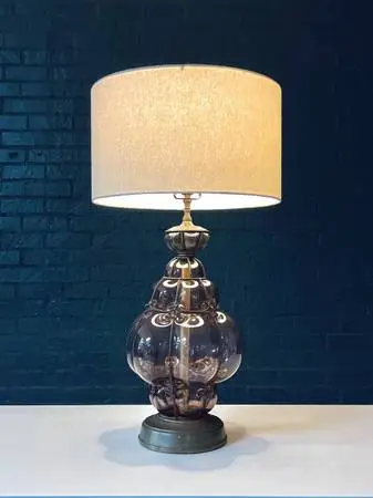 Vintage Purple Bubble Glass & Brass Table Lamp, c.1960’s