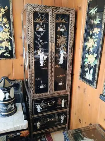 Black Lacquer Asian Chinese Tall Cabinet Mother of Pearl Inlay