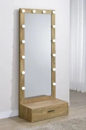 **One-drawer Lighted Full-Length Floor Mirror Mango Finish**