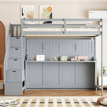 Full Over Full Size Murphy Bed with Hydraulic Lift Desk Design, Gray