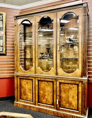 Fabulous art deco burl wood lighted display cabinet. By Portfolio