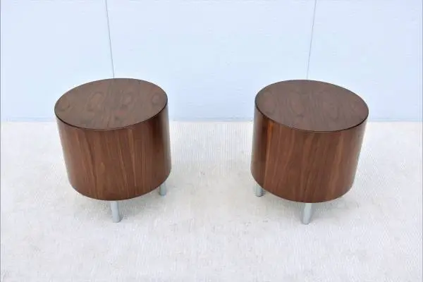 Mid-Century Modern Kimball Villa Round Walnut Drum Side Table, a Pair