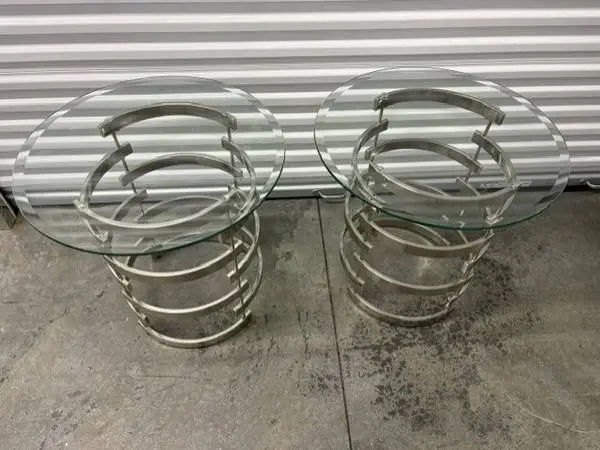 Modern Round Glass-Top End Tables with Spiral Chrome Metal Bases