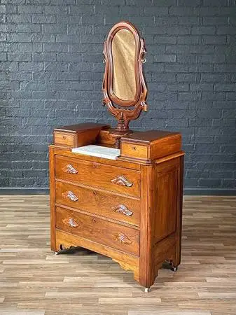 Antique Victorian Eastlake Marble-Top Dresser with Swivel Mirror, c.19