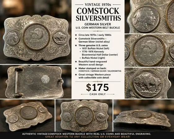 Vintage Comstock Silversmiths U.S. Coin Western Belt Buckle