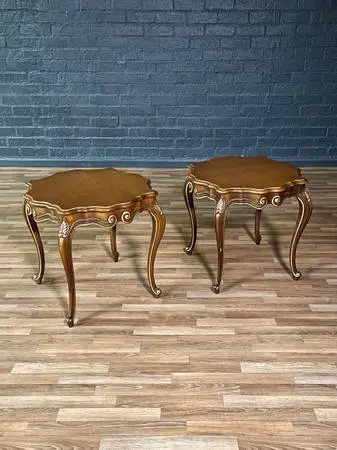 Pair of French Provincial Style Walnut Side Tables w/ Gilt Painted Car