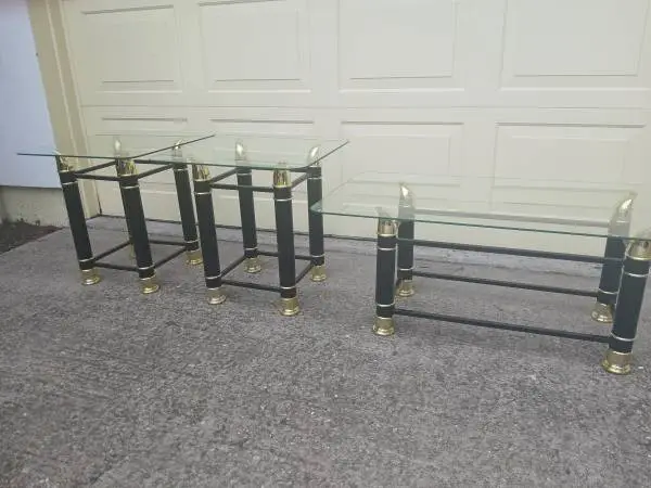 Vintage Tommaso Barbi Style Black & Gold Faux Tusk Glass Top Table set