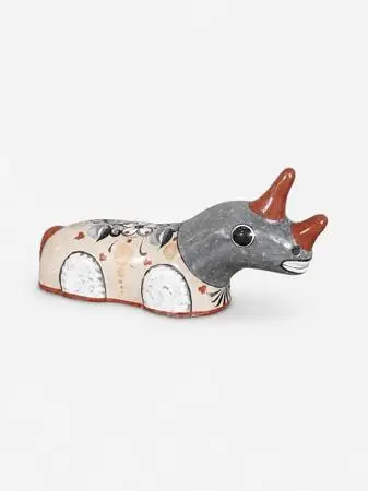 Vintage Mexican Tonalá Hand-Painted Ceramic Rhinoceros Sculpture, c.19