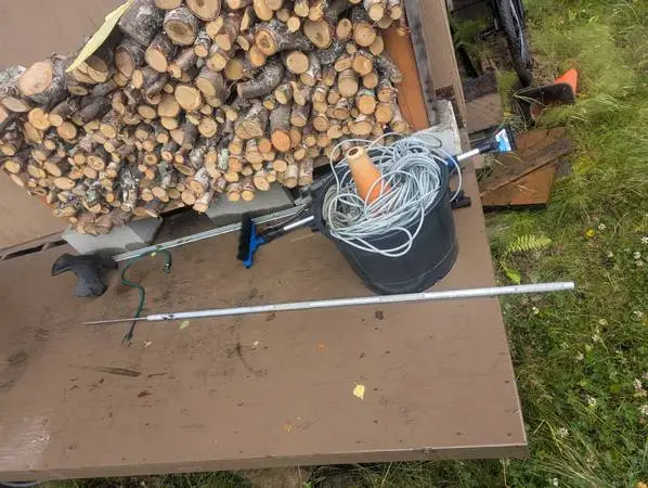 Shrimp pot, long rope and a halibut spear