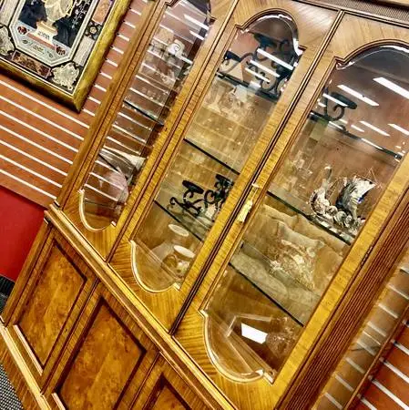 Fabulous art deco burl wood lighted display cabinet. By Portfolio