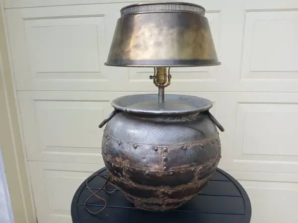 TABLE LAMP Chapman Brass Brutalist Faux Riveted Cauldron Table Lamp