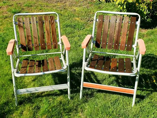 Vintage Redwood Patio Chairs - Two Folding Retro Lawn Chairs