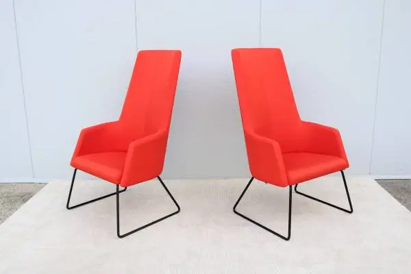 Contemporary Modern Rouillard Solo High Back Red Lounge Chairs a Pair