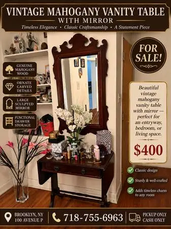 Antique Solid Wood Console Table with Matching Wall Mirror
