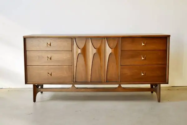 Restored Broyhill Brasilia walnut triple-drawer credenza/dresser