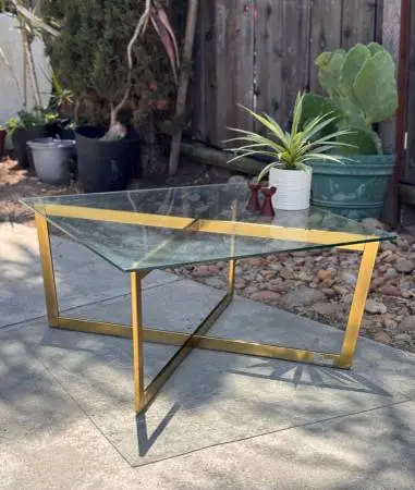 West Elm Mid Century Modern Brass & Glass X-Base Coffee Table