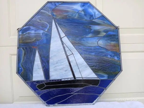 LARGE RARE LEADED STAINED GLASS SAILING BOAT