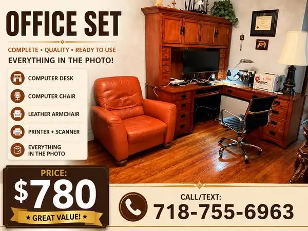 Complete Home Office Set – Executive Desk, Hutch, Leather Chair, Print