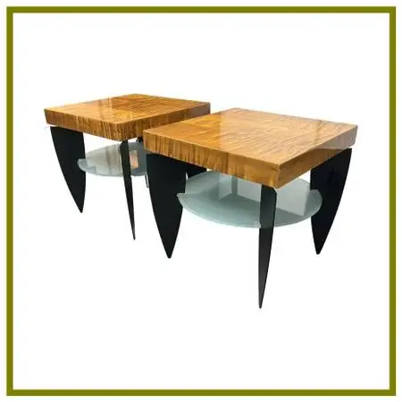 Postmodern Figured Maple + Frosted Glass End Tables