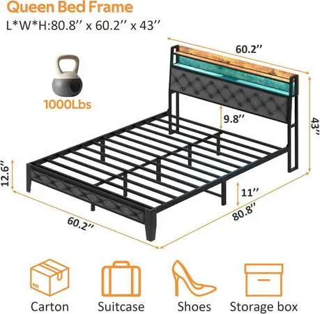 New in Box Queen Bed Frame with Ergonomic Headboard and RBG lights