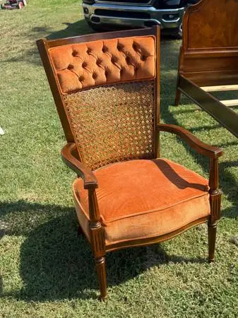 Vintage MCM Burnt Orange Velvet & Cane Back Accent Armchair