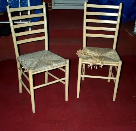 TWO WICKER Bamboo CHAIRS White Wood Set Tiki Hut Island Motif Seat