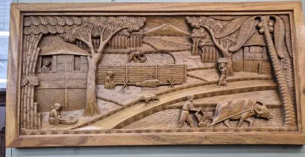 CARVED WOODEN RURAL VILLAGE PANEL