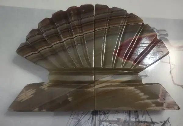 Pair Vintage Heavy Onyx Bookends - Fan Scallop Shell Shape