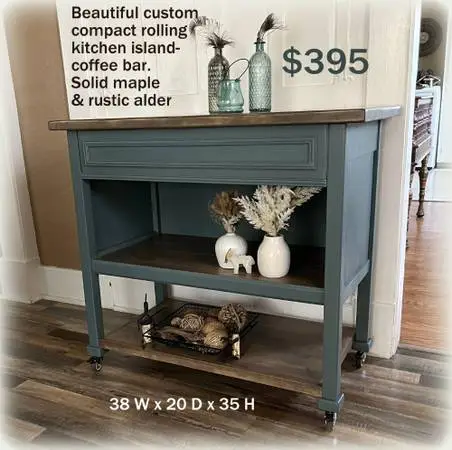 BEAUTIFUL CUSTOM CRAFTED COMPACT  KITCHEN ISLAND WITH CASTERS