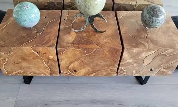 3-pc Teak Root Bunching wood Coffee Table bench Accent cubes live edge