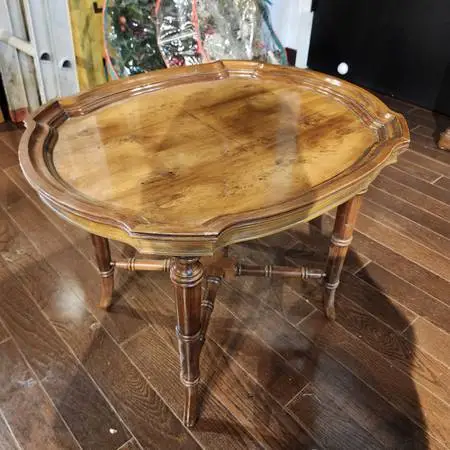 Vintage Burl Wood Top Faux Bamboo Side Table