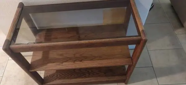 FAMILY ROOM GLASSED TOP WOODEN END TABLE WITH SHELVES