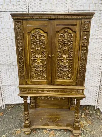 Antique hand painted Victorian Jacobean liquor cabinet
