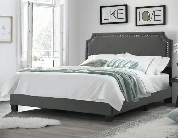 Upholstered Bed with Nail Trim Headboard, King