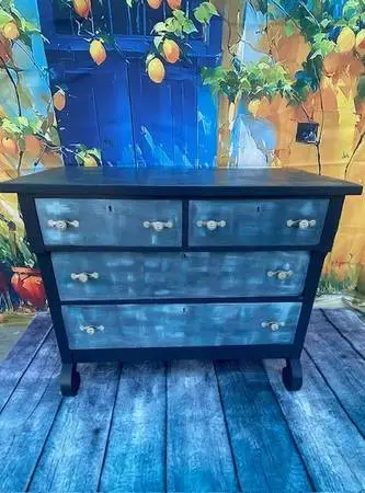 Dresser Four Drawer Vintage Hand Painted Distressed Blue Denim/Linen