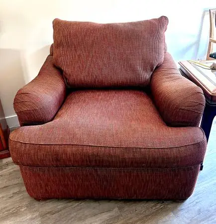 Comfy Oversized Burgundy Textured Chenille Chair, ottoman + pillows