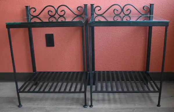 Two Black Wrought Iron Side Tables with glass tops